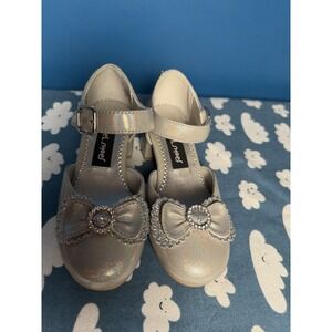Rachel Shoes Girls Size 12 Silver Iridescent Mary Jane Heels Rhinestone Bow